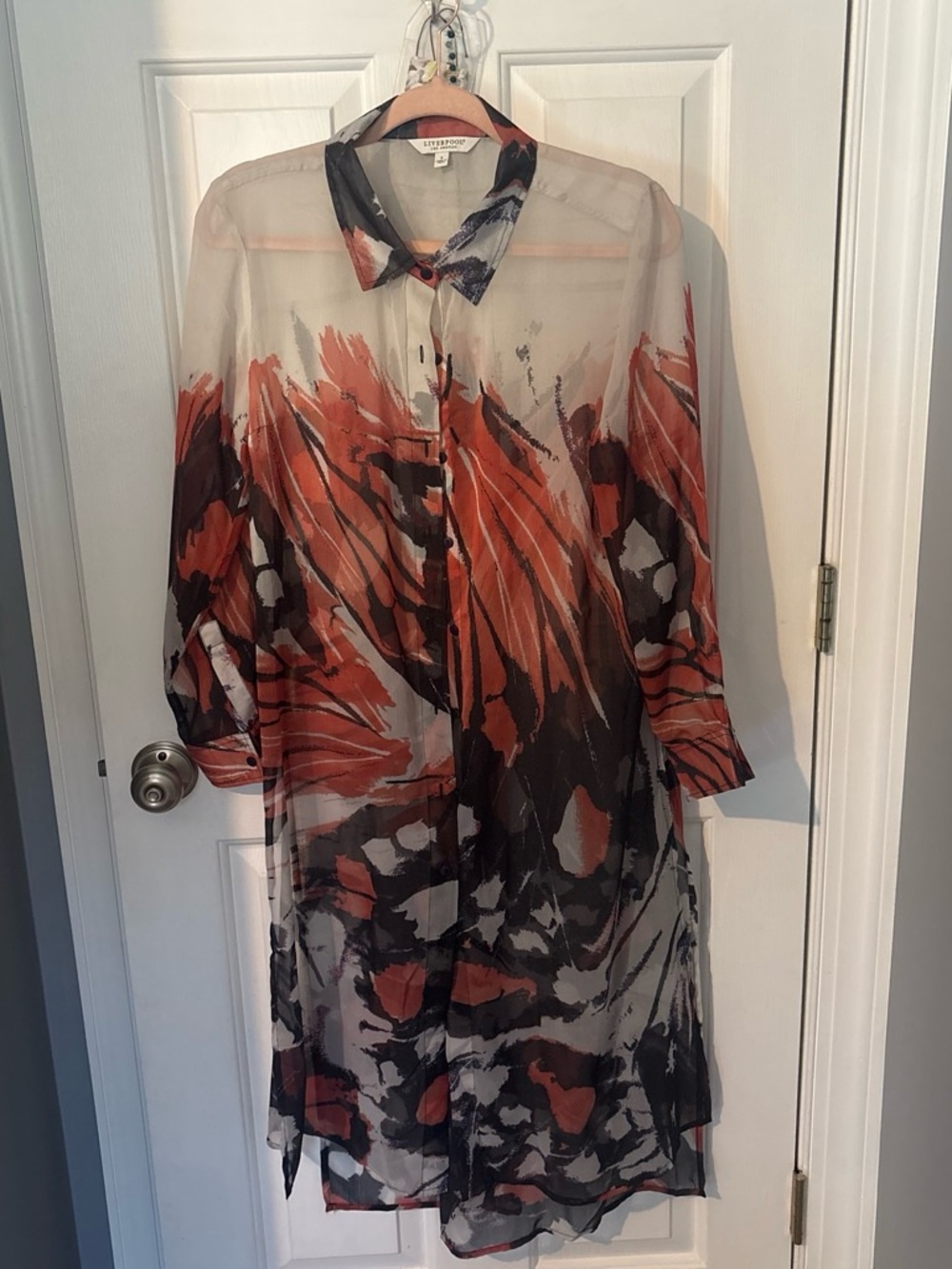 Liverpool Sheer Long-Sleeve Maxi Dress in Orange and Black